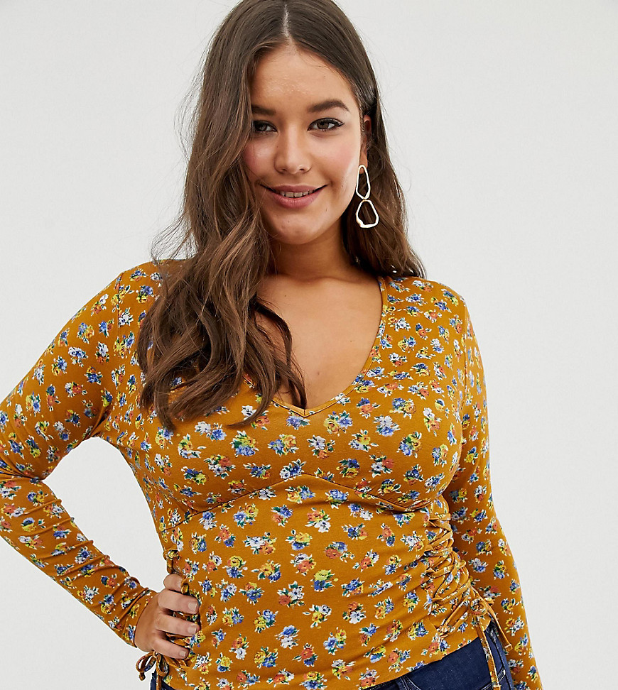 ASOS DESIGN Curve long sleeve top in ditsy floral print with tie sides-Multi