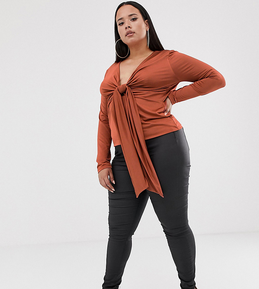 ASOS DESIGN Curve long sleeve top in slinky with knot front-Orange