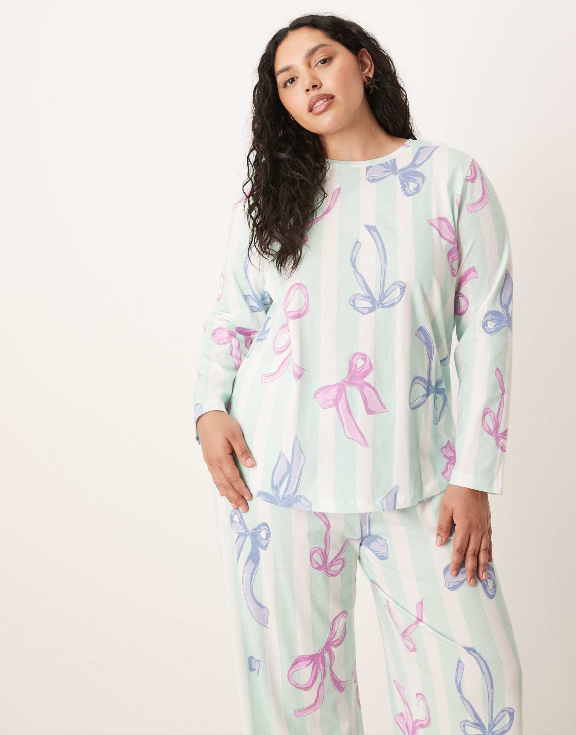 asos design curve long sleeve top & pants pajama set in blue striped bow print