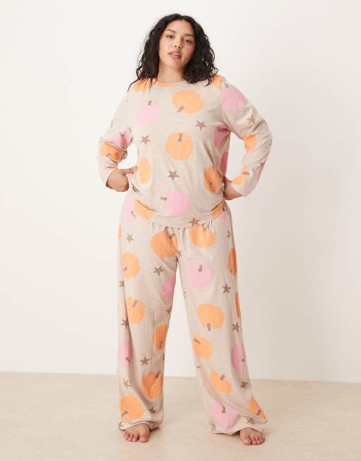 ASOS DESIGN Curve long sleeve top & pants pajama set in pumpkin spice print