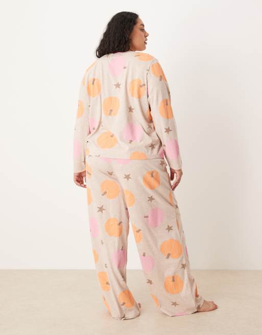ASOS DESIGN Curve long sleeve top & pants pajama set in pumpkin spice print