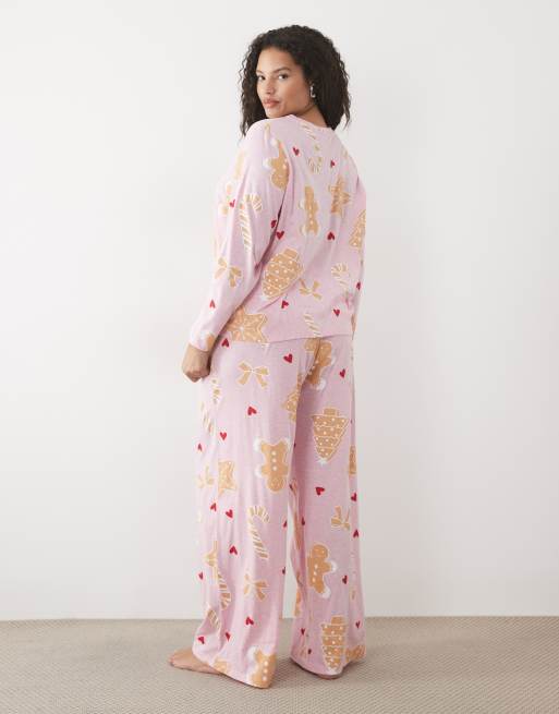 ASOS DESIGN Curve long sleeve top & wide leg pant pyjama set with Christmas cookie graphic , 3 of 4
