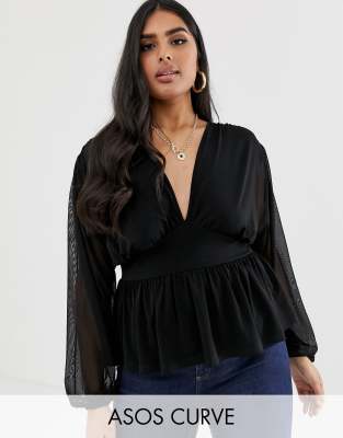 ASOS DESIGN Curve long sleeve top with balloon mesh sleeve | ASOS