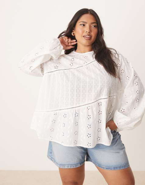 ASOS DESIGN Curve long sleeve top with mixed broderies and volume sleeve in white - view 1