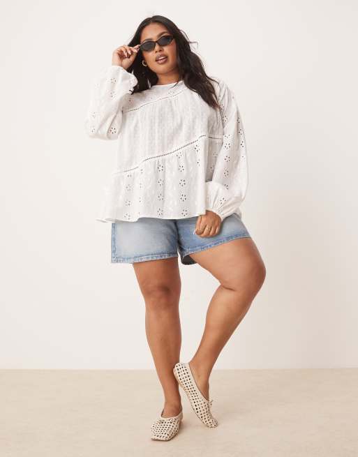 ASOS DESIGN Curve long sleeve top with mixed broderies and volume sleeve in white, 2 of 4