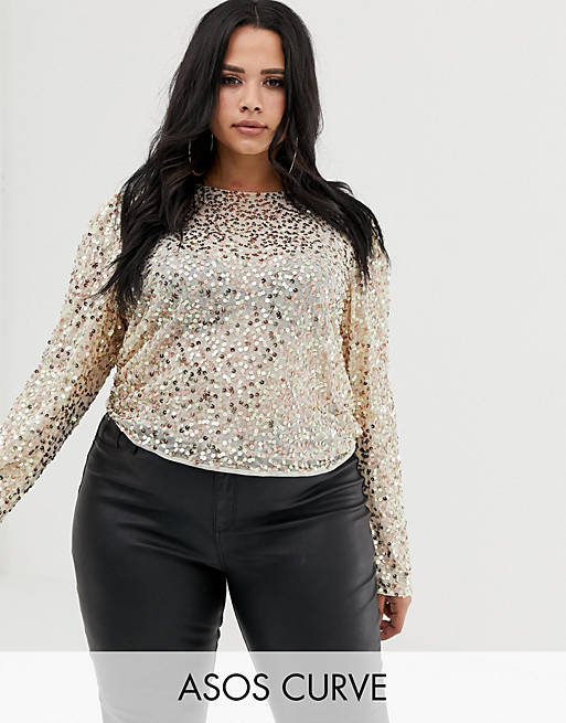 ASOS DESIGN Curve long sleeve top with sequin embellishment | ASOS