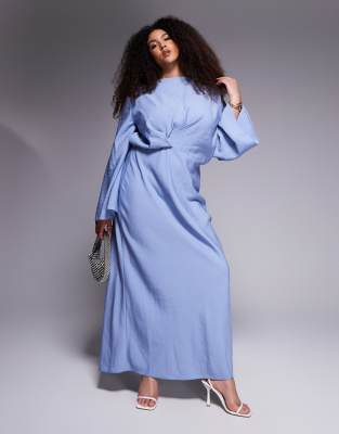 ASOS DESIGN Curve long sleeve tucked waist bias cut satin maxi dress in stonewash blue