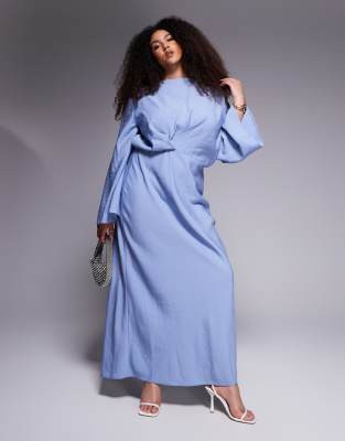 asos design curve long sleeve tucked waist bias cut satin maxi dress in stonewash blue