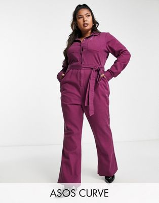 ASOS DESIGN Curve long sleeve twill boilersuit with collar in burgundy