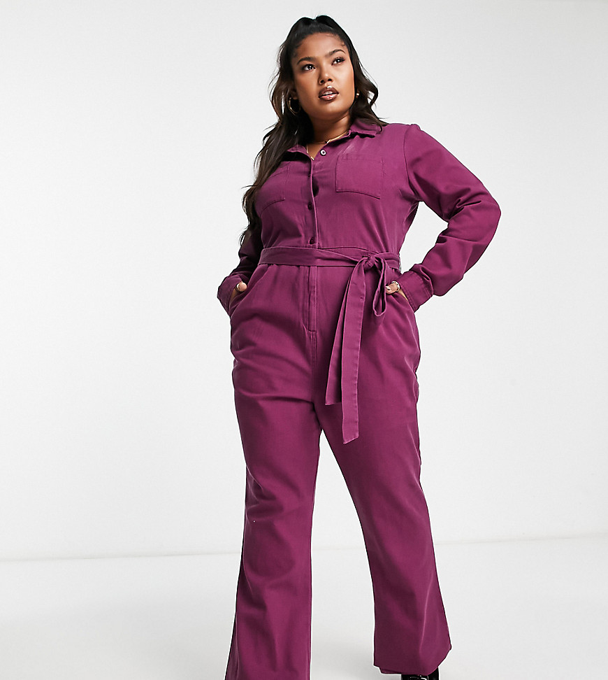 Asos Curve Asos Design Curve Long Sleeve Twill Boilersuit With Collar In Burgundy-red