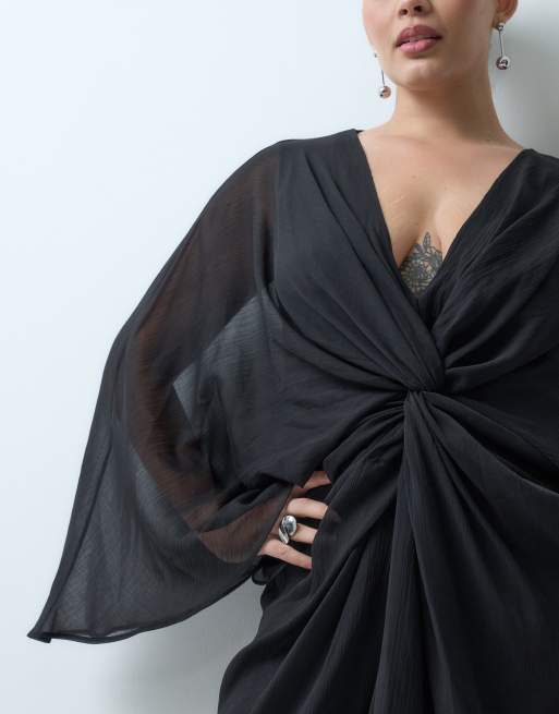 ASOS DESIGN Curve long sleeve twist front mini dress with open back in black, 3 of 5