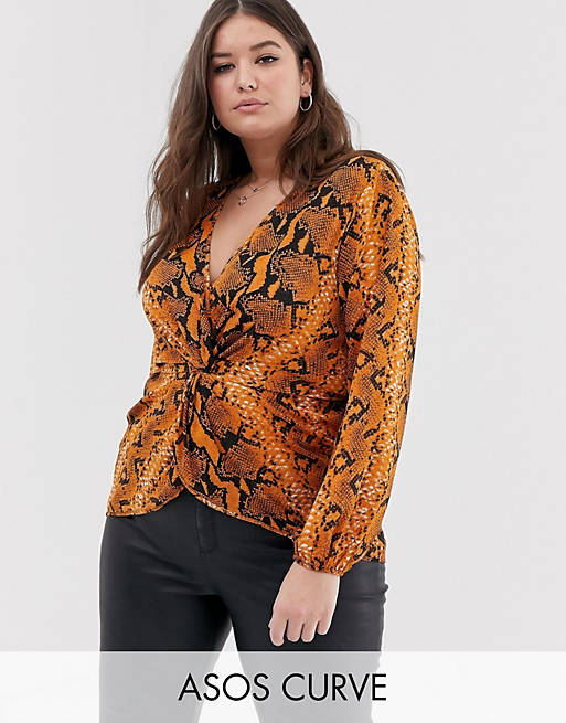 ASOS DESIGN Curve long sleeve twist front top in snake animal print
