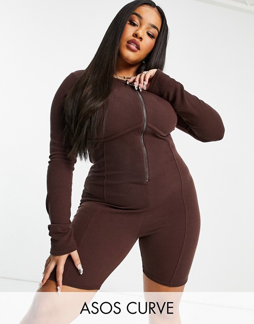ASOS DESIGN Curve long sleeve unitard with corset detail in chocolate brown