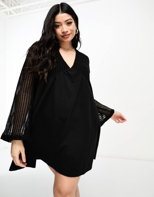 ASOS DESIGN Curve long sleeve v neck crochet mini dress in black