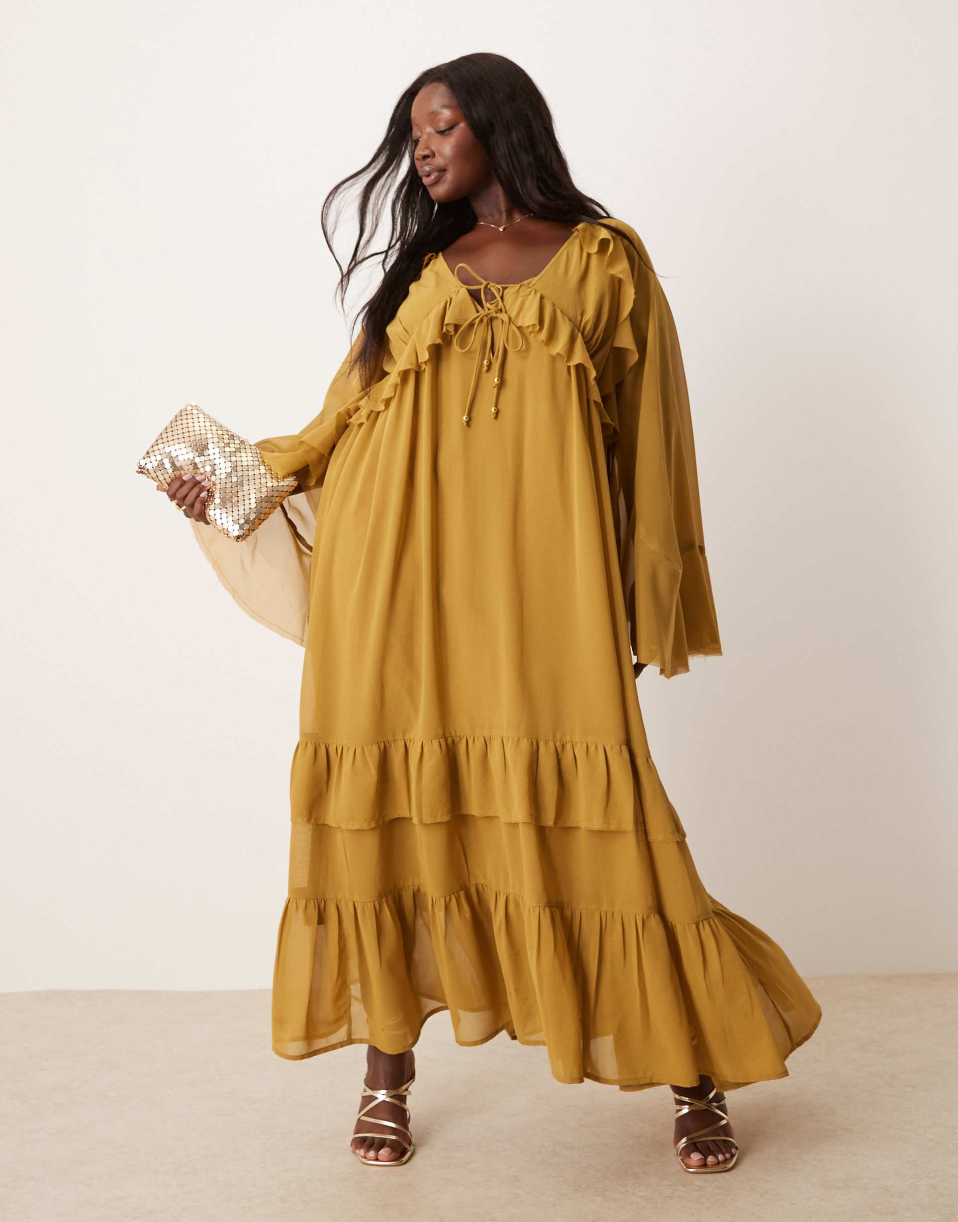 asos design curve long sleeve v neck maxi dress with tie details in ocher