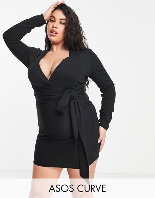 ASOS DESIGN Curve long sleeve v neck mini dress with tie belt in black ...