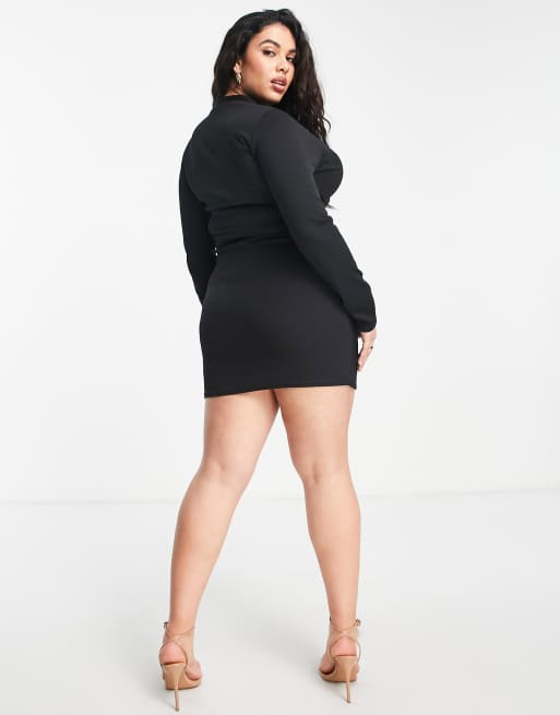 ASOS DESIGN Curve long sleeve v neck mini dress with tie belt in black , 2 of 4