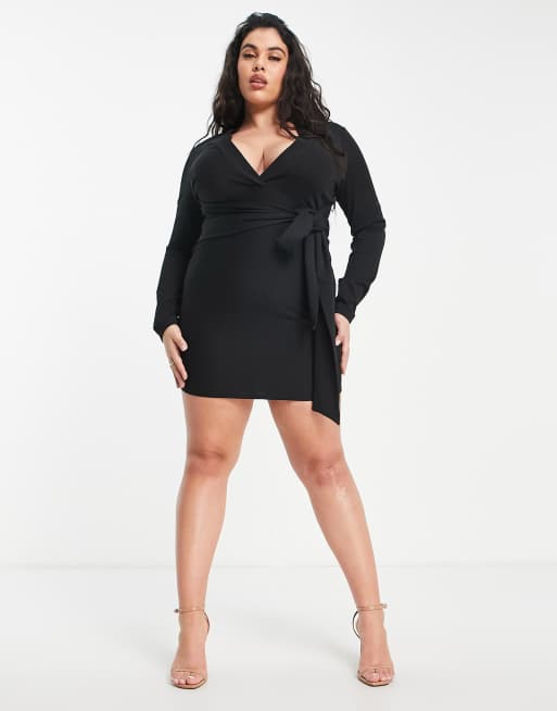 ASOS DESIGN Curve long sleeve v neck mini dress with tie belt in black , 4 of 4