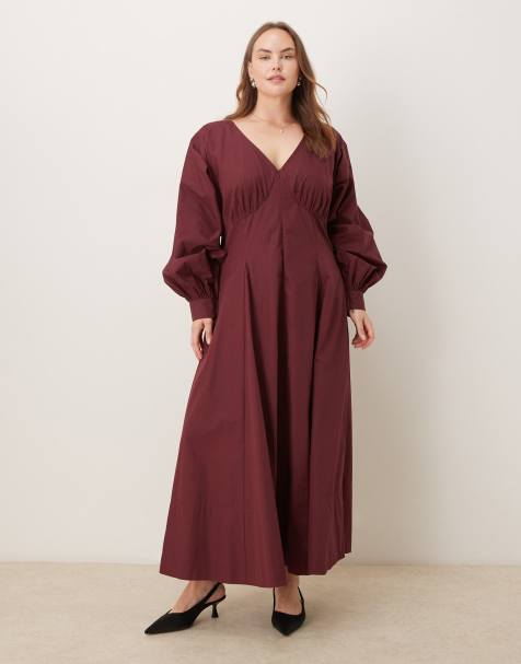 ASOS DESIGN Curve long sleeve v neck poplin maxi dress in berry - view 1