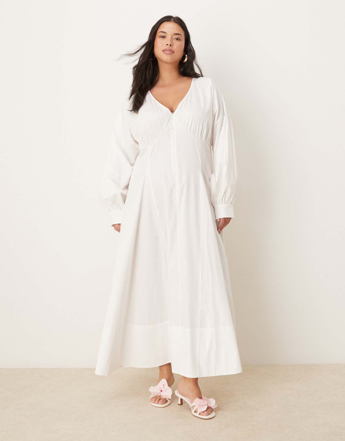 ASOS DESIGN Curve long sleeve v neck poplin maxi dress in white