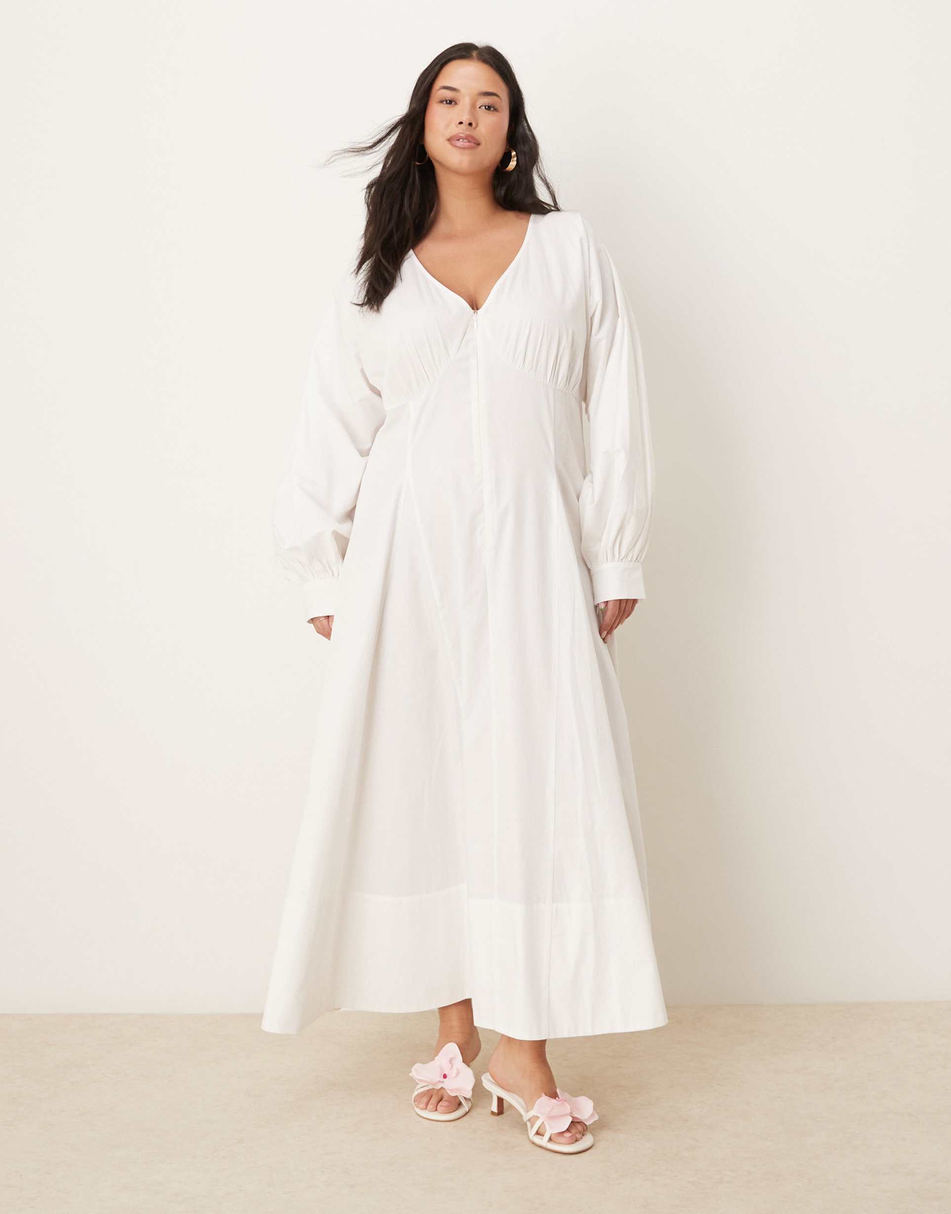 asos design curve long sleeve v neck poplin maxi dress in white