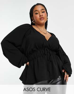 ASOS DESIGN Curve long sleeve v neck top with kimono sleeve and tie front in black