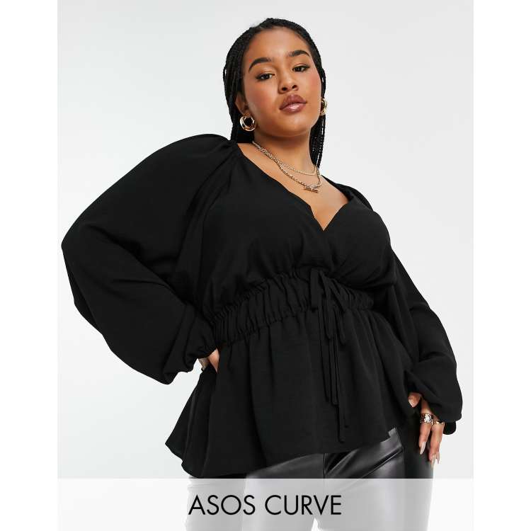 ASOS Long Sleeve Deep V Neck Blouse in Black