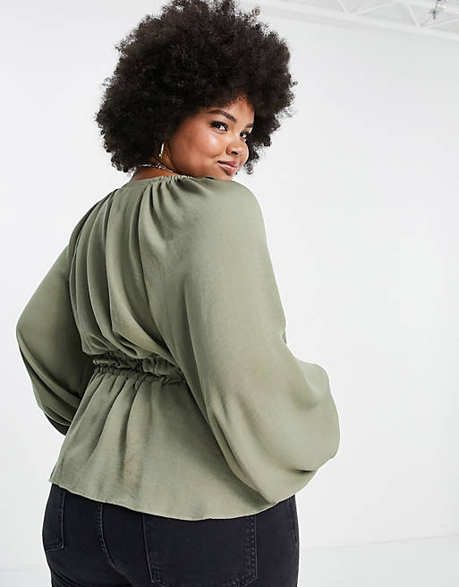  Curve long sleeve v neck top with kimono sleeve and tie front in Khaki 