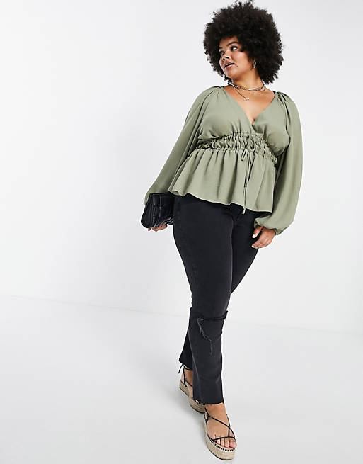  Curve long sleeve v neck top with kimono sleeve and tie front in Khaki 