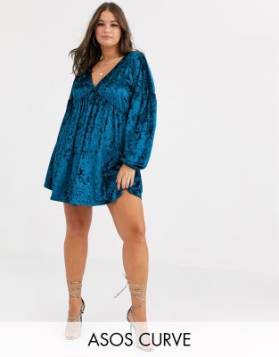 ASOS DESIGN Curve long sleeve velvet smock dress-Green
