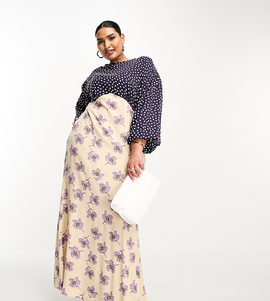 ASOS DESIGN Curve long sleeve viscose maxi dress in mixed spot and floral print-Multi
