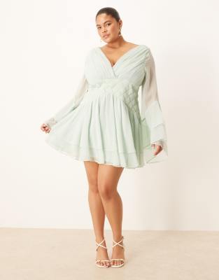 ASOS DESIGN Curve long sleeve volume mini dress with lattice waist detailing in pale blue