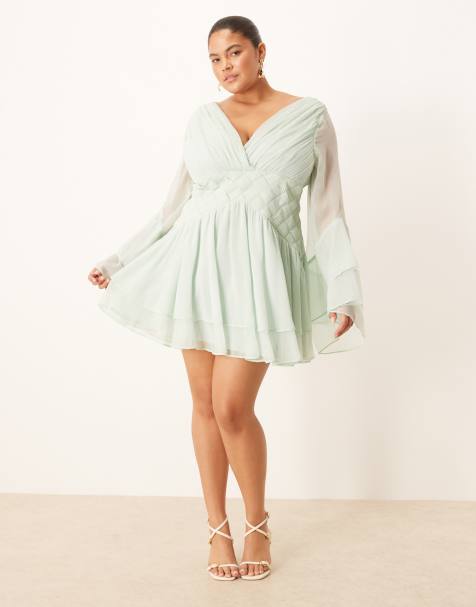 ASOS DESIGN Curve long sleeve volume mini dress with lattice waist detailing in pale blue - view 1