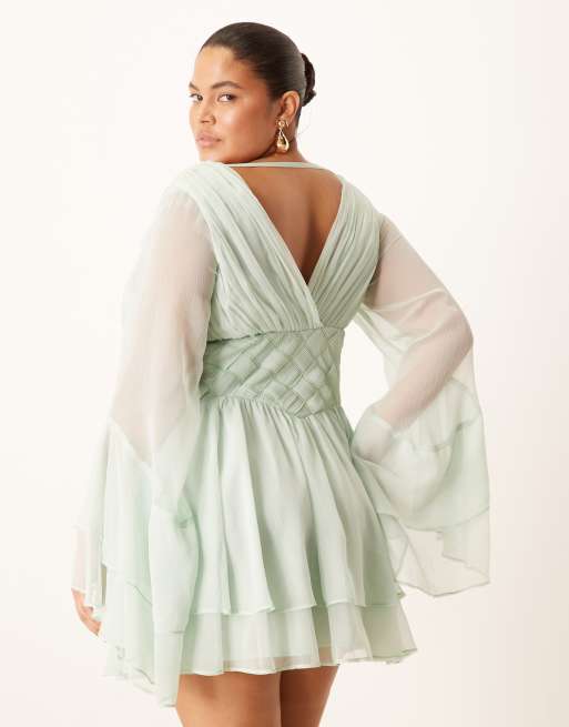 ASOS DESIGN Curve long sleeve volume mini dress with lattice waist detailing in pale blue 