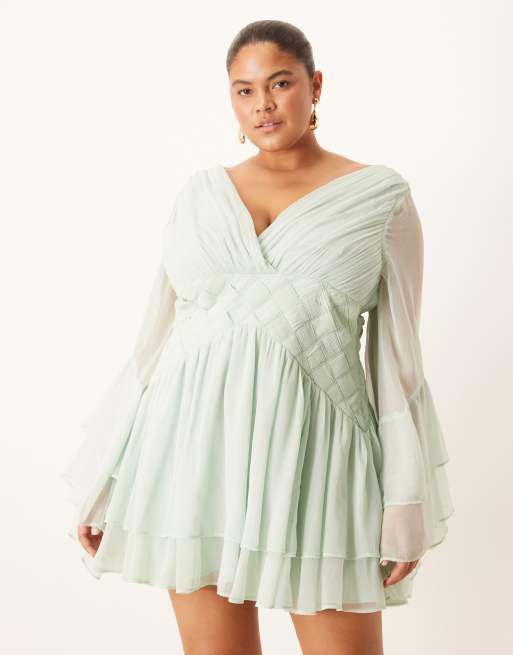 ASOS DESIGN Curve long sleeve volume mini dress with lattice waist detailing in pale blue 