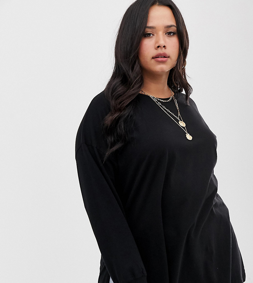 ASOS DESIGN Curve long sleeve washed oversized long sleeve top in black