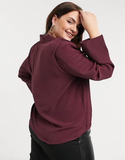 ASOS DESIGN Curve long sleeve wrap blouse with shoulder pad in wine, 2 of 4