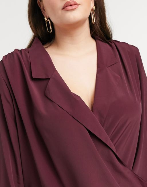 ASOS DESIGN Curve long sleeve wrap blouse with shoulder pad in wine, 3 of 4