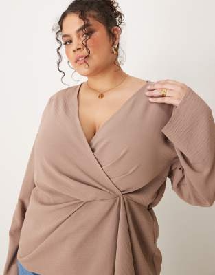 ASOS Curve ASOS DESIGN Curve long sleeve wrap detail top in brown