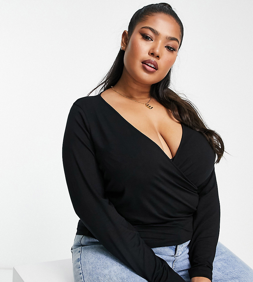 Tops by ASOS Curve Waist-up dressing Wrap front Long sleeves Regular fit
