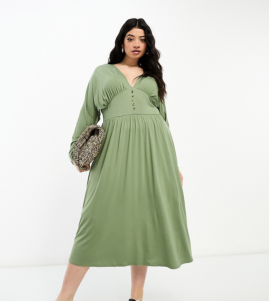 ASOS Curve ASOS DESIGN Curve long sleeved angel button tea dress in khaki-Green