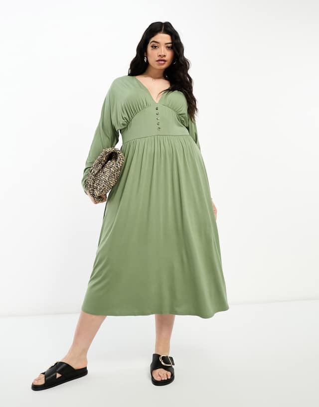 ASOS DESIGN Curve long sleeved angel button tea dress in khaki