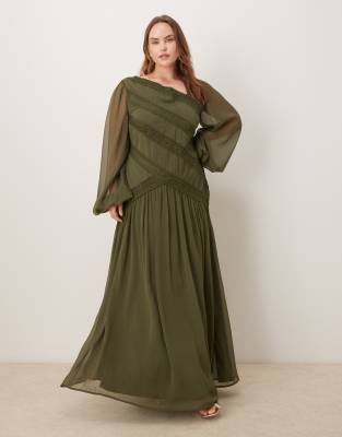 ASOS DESIGN Curve long sleeved asymmetric neckline maxi dress with lace trim in khaki-Green