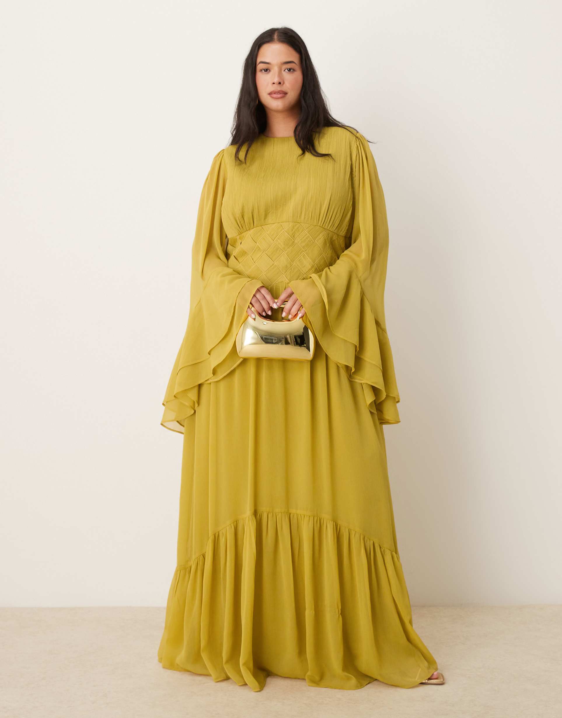 asos design curve long sleeved chiffon maxi with cross stitch waist detail in soft olive green