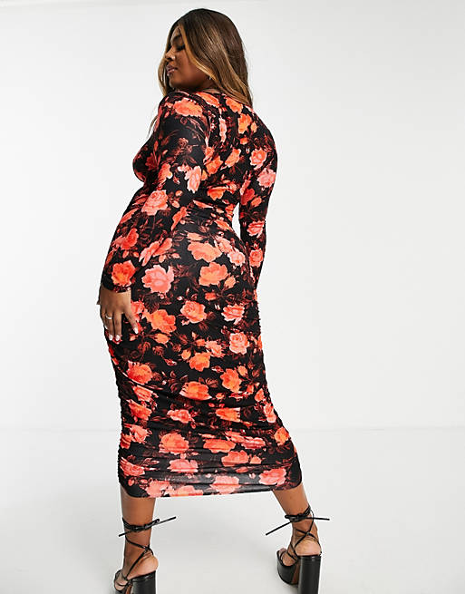 Women Curve long sleeved halter ruched midi dress in floral print 
