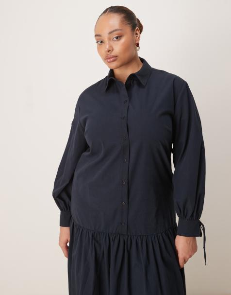 ASOS DESIGN Curve long sleeved tie detail maxi shirt dress in navy - view 1