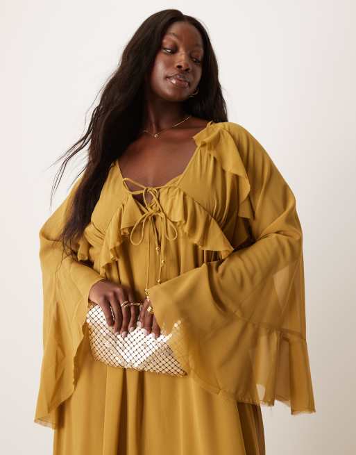 ASOS DESIGN Curve long sleeved v neck maxi dress with tie details in olive, 3 of 4