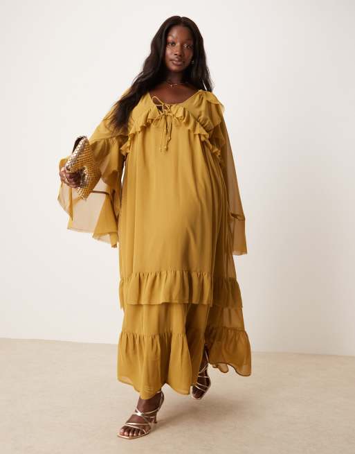 ASOS DESIGN Curve long sleeved v neck maxi dress with tie details in olive, 4 of 4
