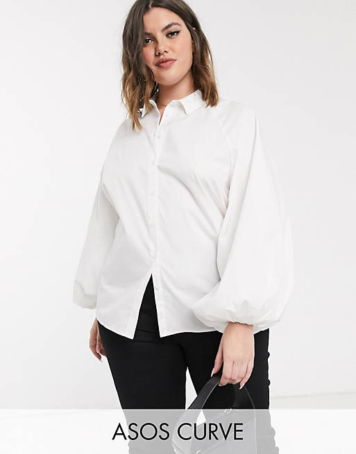 ASOS DESIGN Curve long volume sleeve shirt in cotton in white
