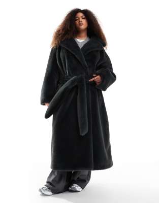 Asos Curve Asos Design Curve Longline Belted Faux Fur Coat In Forest Green